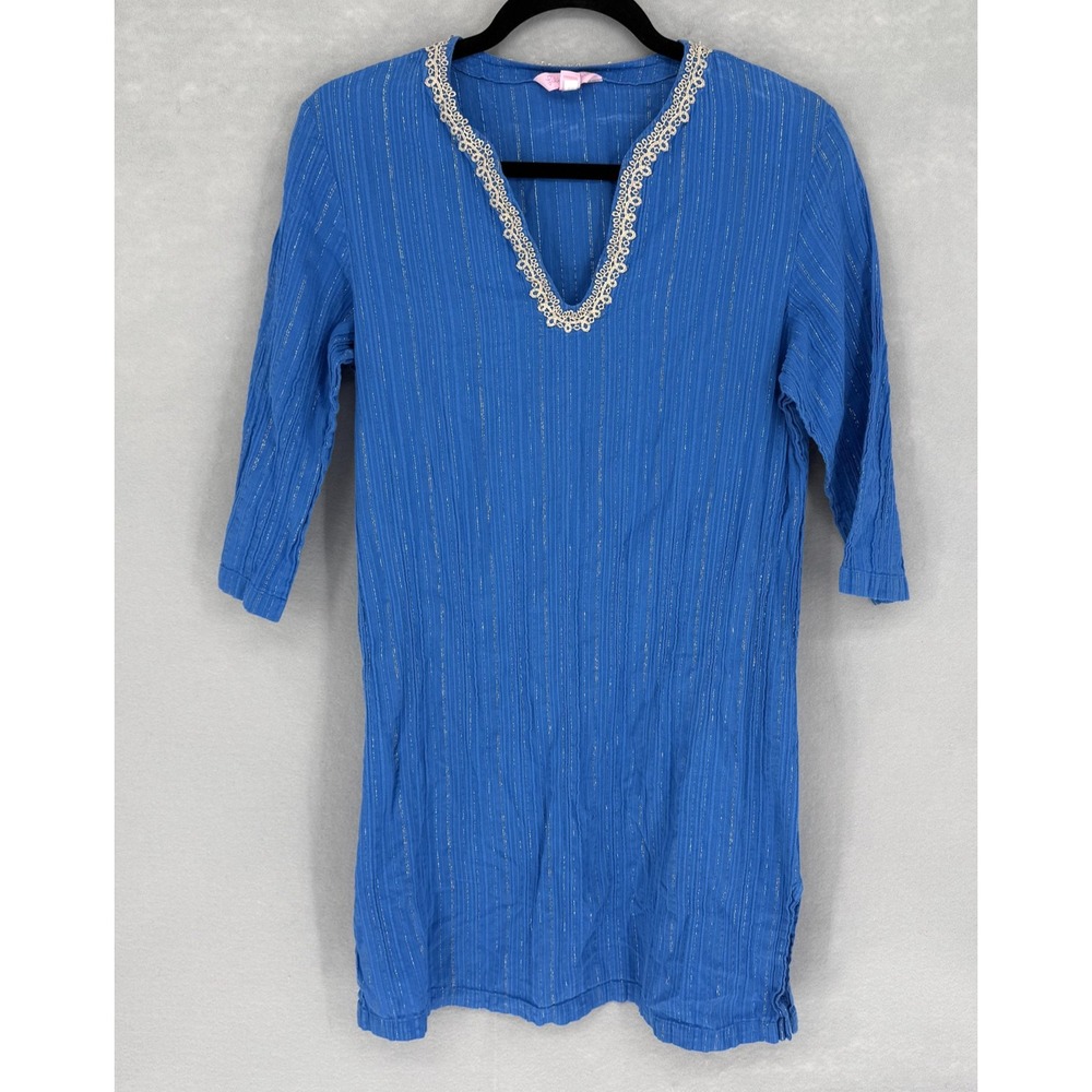 Lilly Pulitzer Shirt Womens Medium Blue Lurex Striped Crochet 3/4‎ Sleeve Tunic